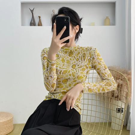 FA37742# 欧货女装秋冬时尚洋气高弹网长袖印花高领上衣 服裝批發女裝批發服飾貨源