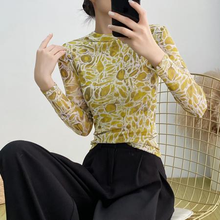FA37742# 欧货女装秋冬时尚洋气高弹网长袖印花高领上衣 服裝批發女裝批發服飾貨源