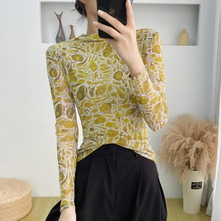 FA37742# 欧货女装秋冬时尚洋气高弹网长袖印花高领上衣 服裝批發女裝批發服飾貨源