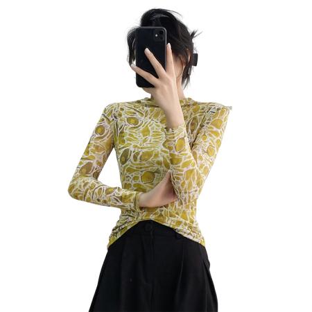 FA37742# 欧货女装秋冬时尚洋气高弹网长袖印花高领上衣 服裝批發女裝批發服飾貨源