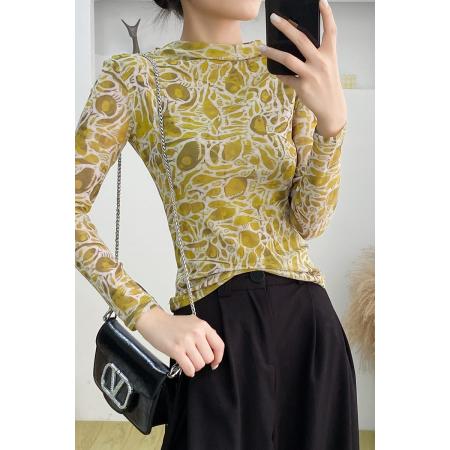 FA37742# 欧货女装秋冬时尚洋气高弹网长袖印花高领上衣 服裝批發女裝批發服飾貨源
