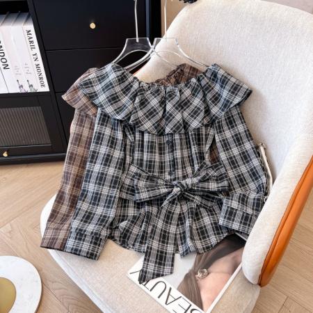 FA37747# 新款一字肩荷叶边格子长袖衬衫女复古宽松短款上衣 服裝批發女裝批發服飾貨源