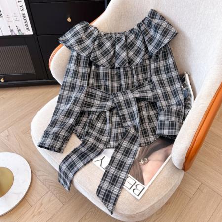 FA37747# 新款一字肩荷叶边格子长袖衬衫女复古宽松短款上衣 服裝批發女裝批發服飾貨源