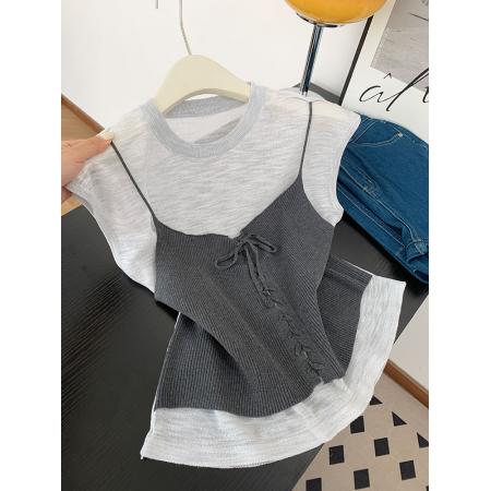 FA37749# 撞色假两件正肩针织短袖t恤女夏季时尚修身显瘦上衣 服裝批發女裝批發服飾貨源