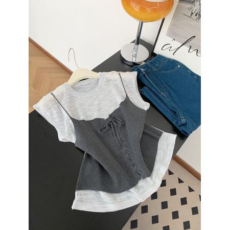 FA37749# 撞色假两件正肩针织短袖t恤女夏季时尚修身显瘦上衣 服裝批發女裝批發服飾貨源