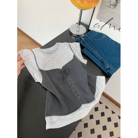 FA37749# 撞色假两件正肩针织短袖t恤女夏季时尚修身显瘦上衣 服裝批發女裝批發服飾貨源