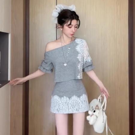 FA37751# 小雨姐姐夏款设计感露肩蕾丝拼接上衣+蕾丝半裙套装女 服裝批發女裝批發服飾貨源