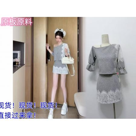 FA37751# 小雨姐姐夏款设计感露肩蕾丝拼接上衣+蕾丝半裙套装女 服裝批發女裝批發服飾貨源