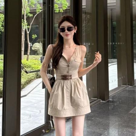 FA37752# 韩系复古通勤工装收腰无袖连衣裙女夏季新款设计小众百搭短裙 服裝批發女裝批發服飾貨源