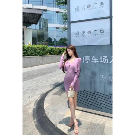 FA37755# 缪斯女神紫色长袖针织开衫纯欲风修身连衣裙套装 服裝批發女裝批發服飾貨源