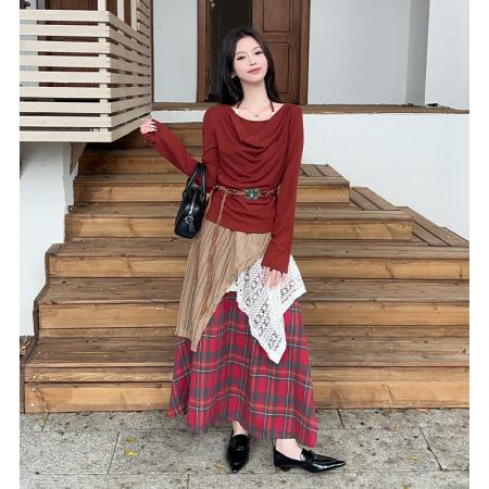 FA37763# 旅游穿搭套装挂脖一字肩长袖T恤假两件格子半身裙两件套 服裝批發女裝批發服飾貨源