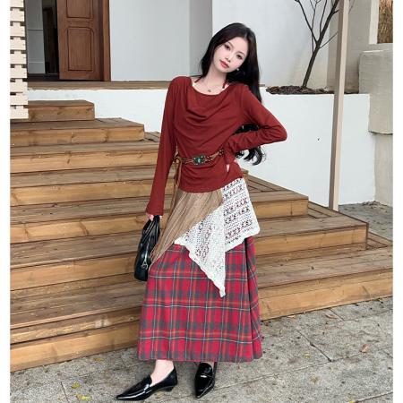 FA37763# 旅游穿搭套装挂脖一字肩长袖T恤假两件格子半身裙两件套 服裝批發女裝批發服飾貨源