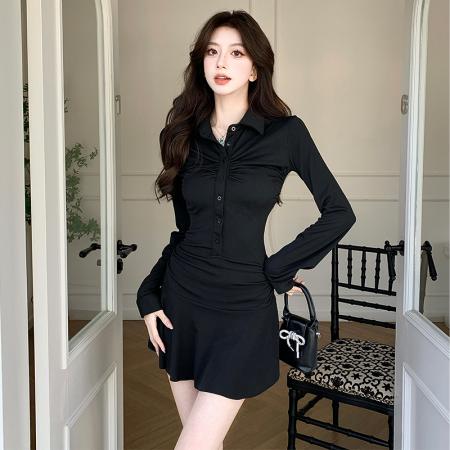 FA37773# 秋季新款收腰褶皱短款连衣裙女美式运动风polo领收腰减龄伞裙 服裝批發女裝批發服飾貨源