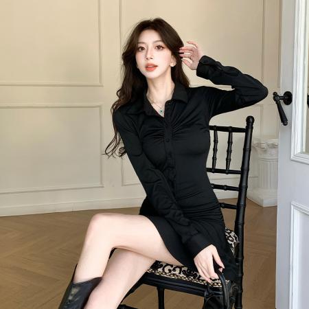 FA37773# 秋季新款收腰褶皱短款连衣裙女美式运动风polo领收腰减龄伞裙 服裝批發女裝批發服飾貨源