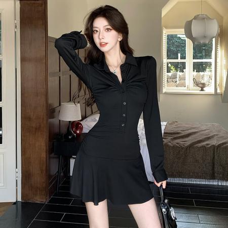 FA37773# 秋季新款收腰褶皱短款连衣裙女美式运动风polo领收腰减龄伞裙 服裝批發女裝批發服飾貨源