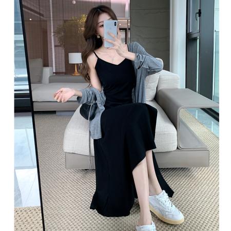 FA37778# 秋季新开叉鱼尾吊带连衣裙女配防晒开衫外套气质两件收腰显廋 服裝批發女裝批發服飾貨源