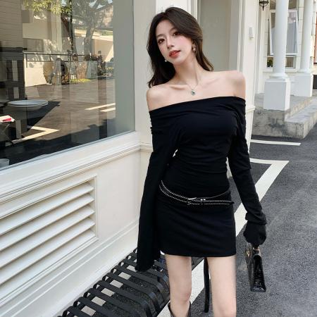 FA37780# 秋季新黑色设计感一字领约会长袖连衣裙女高级感收腰包臀短裙 服裝批發女裝批發服飾貨源
