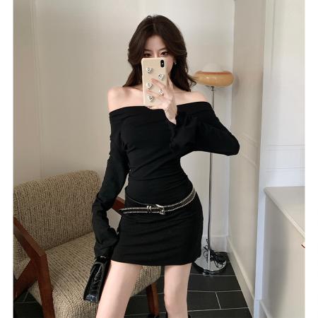 FA37780# 秋季新黑色设计感一字领约会长袖连衣裙女高级感收腰包臀短裙 服裝批發女裝批發服飾貨源