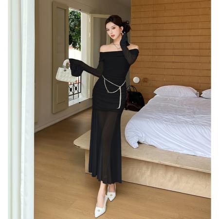 FA37782# 秋季新款法式一字肩长袖连衣裙女纯欲收腰包臀网纱鱼尾长裙潮 服裝批發女裝批發服飾貨源