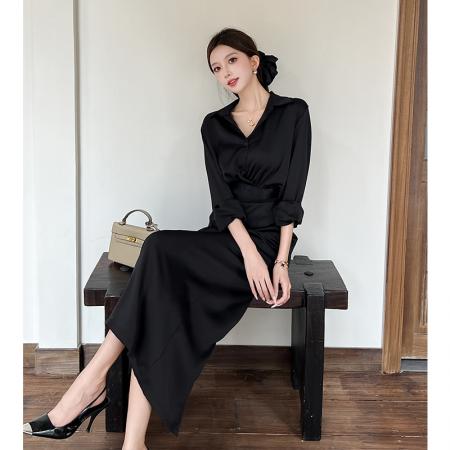 FA37784# 秋季新款法式气质高级感收腰黑色衬衫缎面鱼尾半身裙两件套女 服裝批發女裝批發服飾貨源