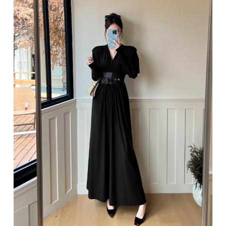 FA37785# 秋冬新款欧美气质v领设计感腰封褶皱显瘦大摆连衣裙长裙礼服 服裝批發女裝批發服飾貨源
