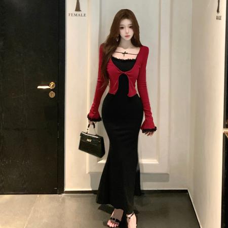 FA37796# 蕾丝花边吊带连衣裙女早秋新款韩系长袖上衣包臀长裙两件套装 服裝批發女裝批發服飾貨源