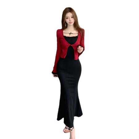 FA37796# 蕾丝花边吊带连衣裙女早秋新款韩系长袖上衣包臀长裙两件套装 服裝批發女裝批發服飾貨源