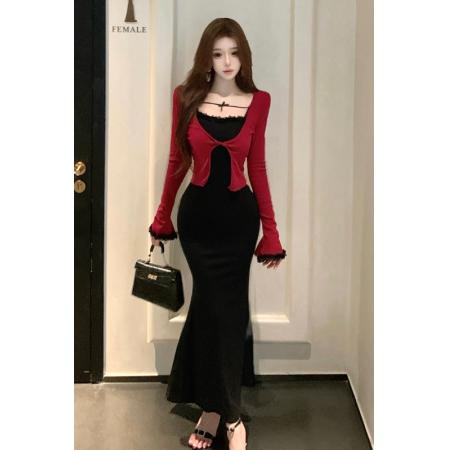 FA37796# 蕾丝花边吊带连衣裙女早秋新款韩系长袖上衣包臀长裙两件套装 服裝批發女裝批發服飾貨源