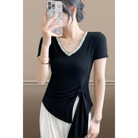 FA37805# 飘带亮片V领短袖潮夏季新款纯色百搭休闲女装时尚小衫 服裝批發女裝批發服飾貨源