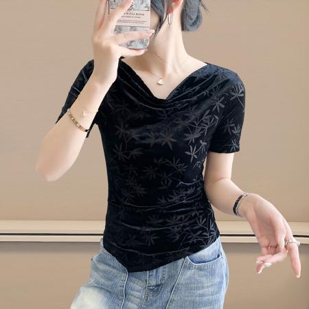 FA37806# 夏季新款欧洲站时尚提花短袖T恤设计感不规则上衣小衫 服裝批發女裝批發服飾貨源