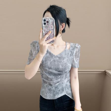 FA37807# 洋气漂亮短袖T恤女修身捏褶短款小衫夏季薄款韩版时尚超好看 服裝批發女裝批發服飾貨源
