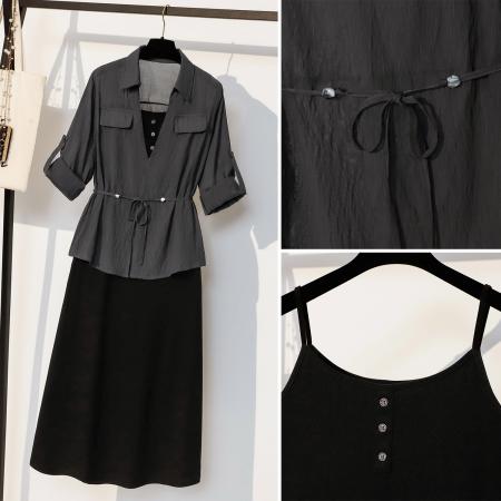 FA37820# 大码衬衫连衣裙女新款秋季轻奢胖MM高级感小个子两件套装 服裝批發女裝批發服飾貨源