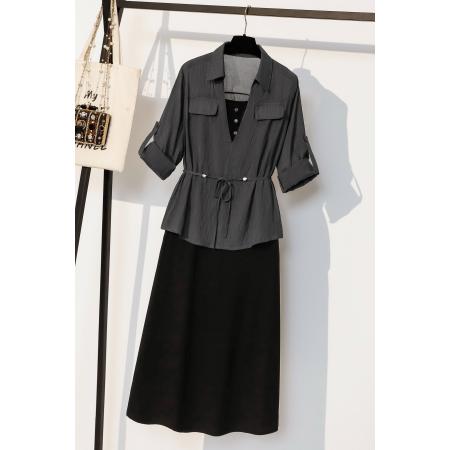 FA37820# 大码衬衫连衣裙女新款秋季轻奢胖MM高级感小个子两件套装 服裝批發女裝批發服飾貨源