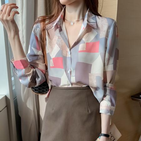 FA37821# 洋气秋季新款女装翻领不规则雪纺衫上衣开衫衬衫女打底衫衬衣 服裝批發女裝批發服飾貨源