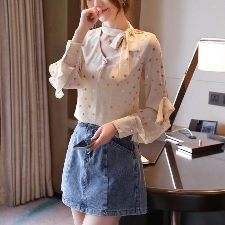 FA37823# 洋气春秋季新女装围巾领星星雪纺衫上衣衬衫女打底衫衬衣 服裝批發女裝批發服飾貨源