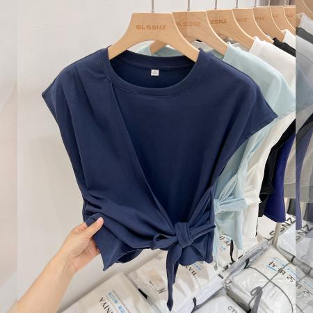 FA37824# 藏蓝色绑带不规则短袖t恤女夏季新款褶皱收腰显瘦 服裝批發女裝批發服飾貨源