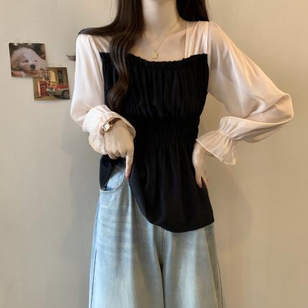 FA37827# 胖MM大码女装秋款泡泡袖雪纺衫短袖新款方领显瘦束腰上衣 服裝批發女裝批發服飾貨源