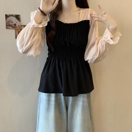FA37827# 胖MM大码女装秋款泡泡袖雪纺衫短袖新款方领显瘦束腰上衣 服裝批發女裝批發服飾貨源