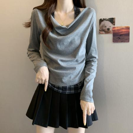 FA37828# 新款大码胖MM设计感撞色格子假两件修身显瘦百搭别致上衣 服裝批發女裝批發服飾貨源