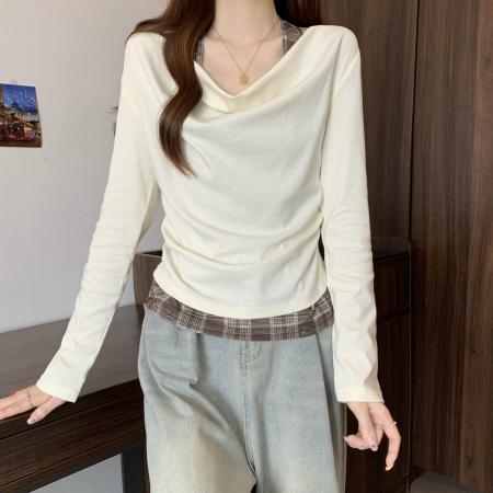 FA37828# 新款大码胖MM设计感撞色格子假两件修身显瘦百搭别致上衣 服裝批發女裝批發服飾貨源
