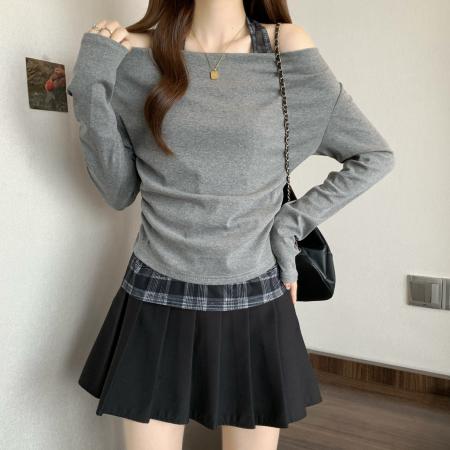 FA37828# 新款大码胖MM设计感撞色格子假两件修身显瘦百搭别致上衣 服裝批發女裝批發服飾貨源