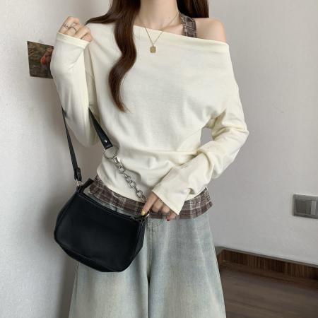 FA37828# 新款大码胖MM设计感撞色格子假两件修身显瘦百搭别致上衣 服裝批發女裝批發服飾貨源