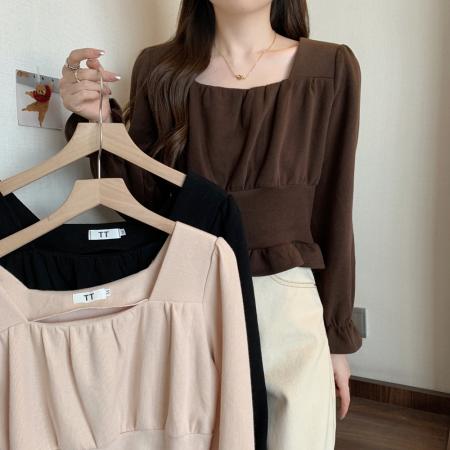 FA37829# 秋装方领长袖T恤设计感胖mm显瘦遮肚短款上衣M-4XL200斤 服裝批發女裝批發服飾貨源