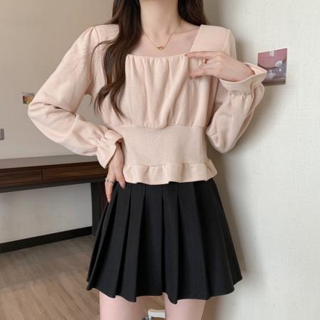 FA37829# 秋装方领长袖T恤设计感胖mm显瘦遮肚短款上衣M-4XL200斤 服裝批發女裝批發服飾貨源