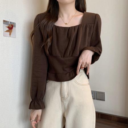 FA37829# 秋装方领长袖T恤设计感胖mm显瘦遮肚短款上衣M-4XL200斤 服裝批發女裝批發服飾貨源