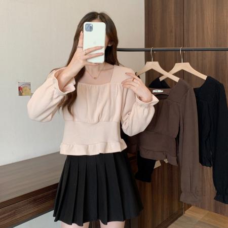 FA37829# 秋装方领长袖T恤设计感胖mm显瘦遮肚短款上衣M-4XL200斤 服裝批發女裝批發服飾貨源