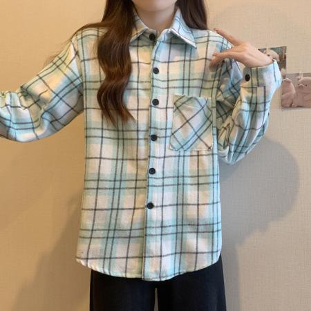 FA37831# 秋装格子衬衫设计感小众法式衬衣长袖上衣M-4XL200斤 服裝批發女裝批發服飾貨源
