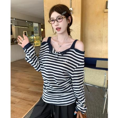 FA37832# 一字肩长袖t恤女假两件 服裝批發女裝批發服飾貨源