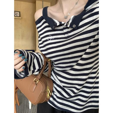 FA37832# 一字肩长袖t恤女假两件 服裝批發女裝批發服飾貨源