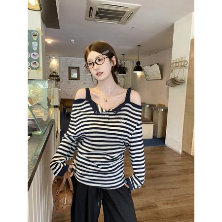 FA37832# 一字肩长袖t恤女假两件 服裝批發女裝批發服飾貨源